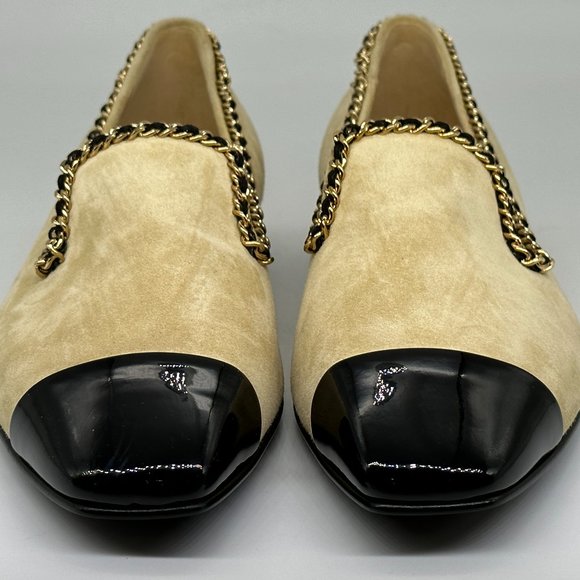 CHANEL 21A Suede Patent Cap Toe Chain Trim CC Loafers Flat Shoes - Picture 6 of 16